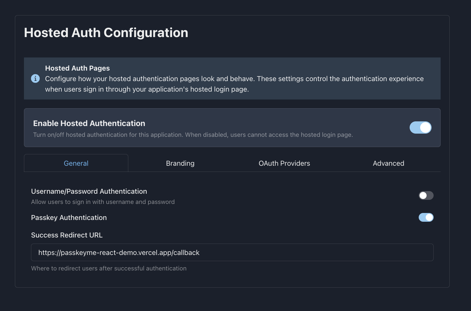 Enable Hosted Authentication Toggle